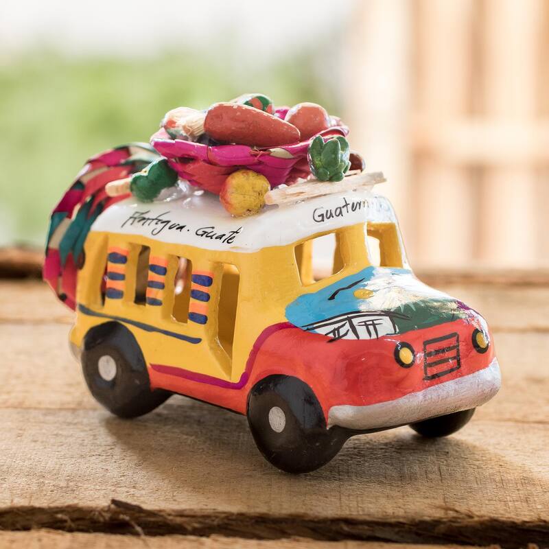 Novica Handmade Red And Yellow Old Time Bus Mini Ceramic Sculpture