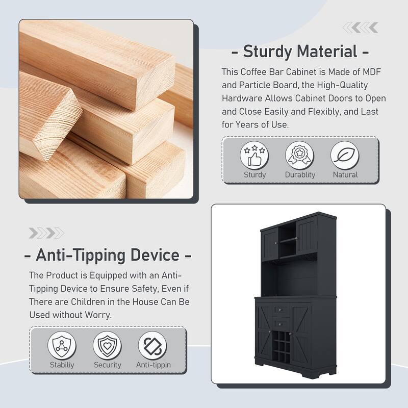 Roomfitters Farmhouse Coffee Bar Cabinet with Wine Storage, Buffet Sideboard with Glass Racks and Shelves