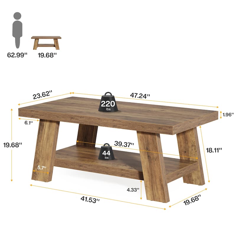 Industrial Rectangular Wood 2-tier Coffee Table for Living Room