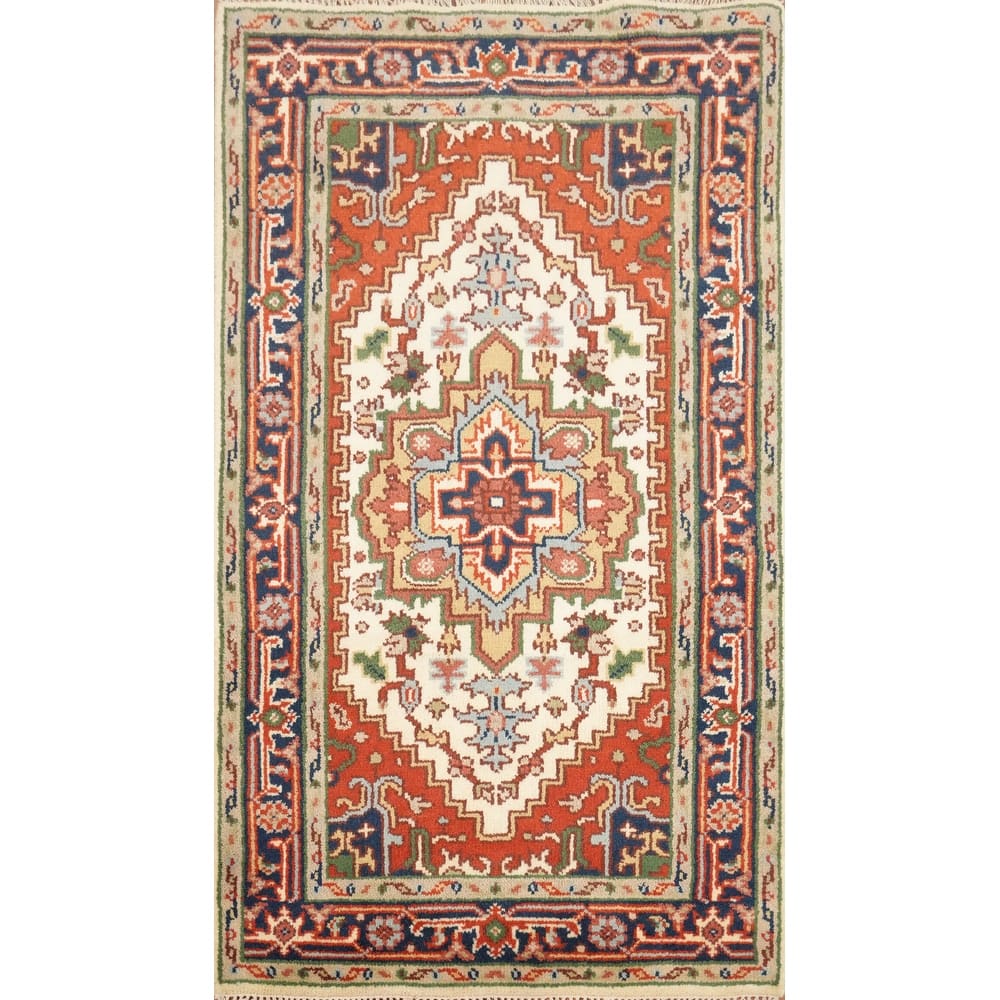 Hand Knotted Oriental 100% Wool Carpet Traditional Medallion Beige & Ivories Heriz (serapi) Area Rug - 5' 2'' X 2' 11''