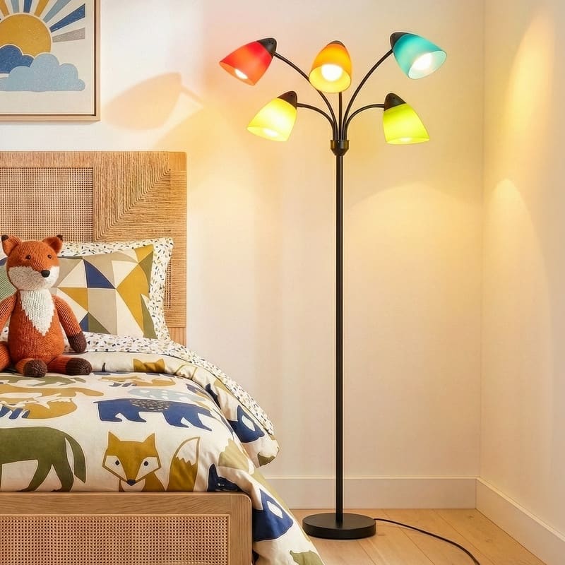 Brightech Medusa 74 in. Classic Black Modern 5-Light Height Adjustable Gooseneck LED Floor Lamp with 5 Multicolored Cone Shades