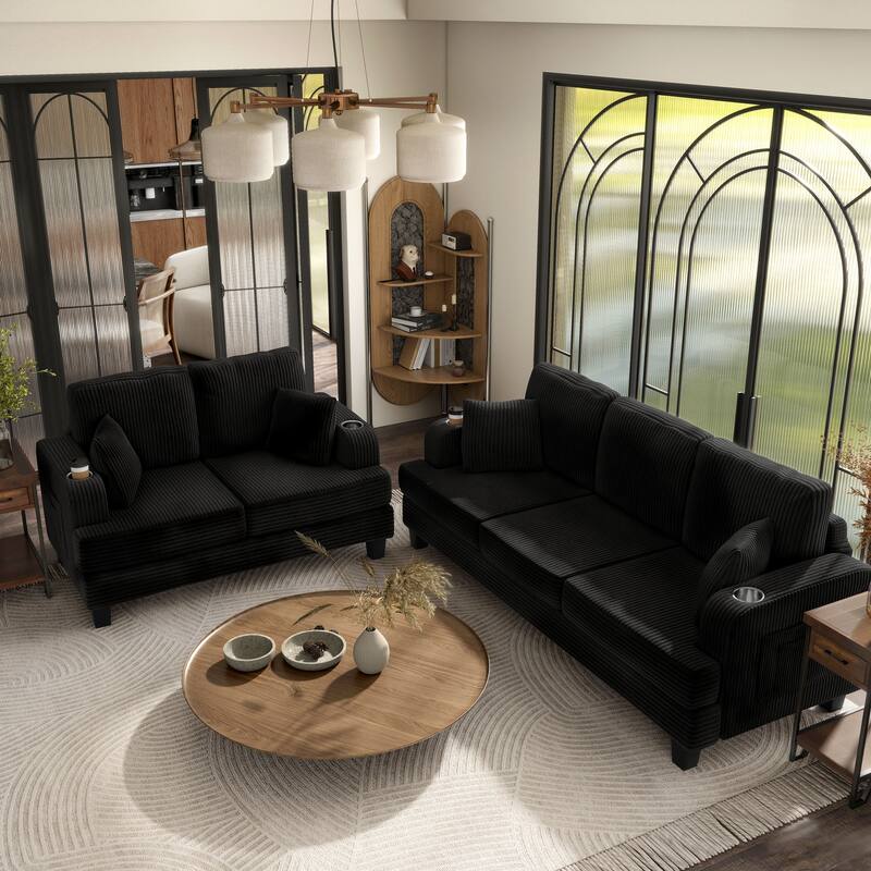 Furniture of America Xenia Modern 2-Piece Chenille Sofa Set with Cup Holders and USB Ports - Black