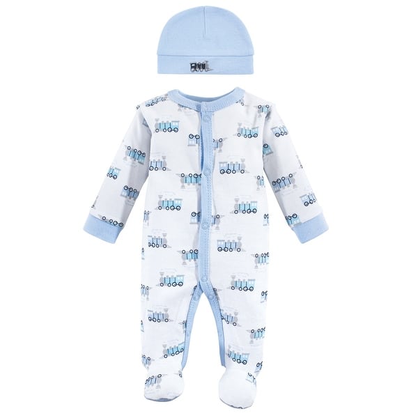 slide 1 of 1, Luvable Friends Baby Boy Cotton Preemie Snap Sleep and Play and Cap 2pc Set, Train, Preemie - Train Preemie - Train