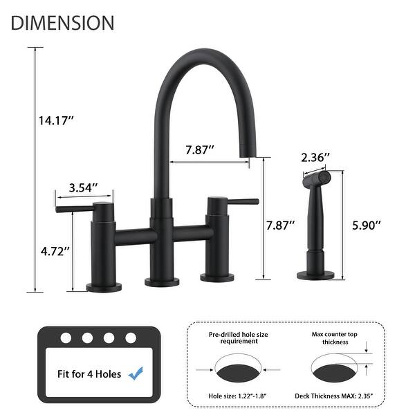 dimension image slide 0 of 3, PROOX Double Handle Bridge Kitchen Faucet with Side Sprayer