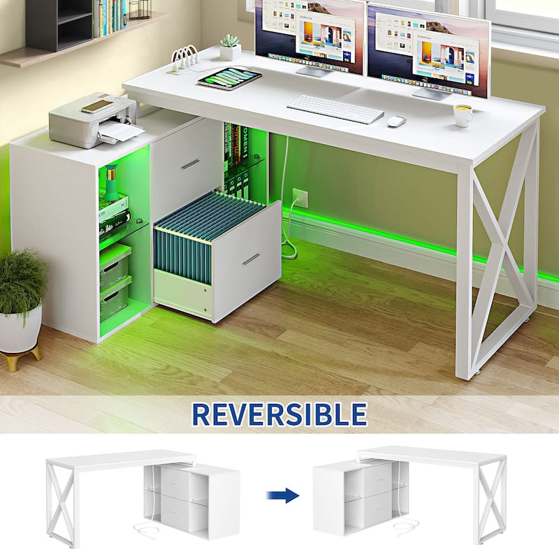 55 Inch L-shaped Gaming Desk with Power Outlets and LED Lights Computer Corner Desk with File Cabinet Monitor Stand