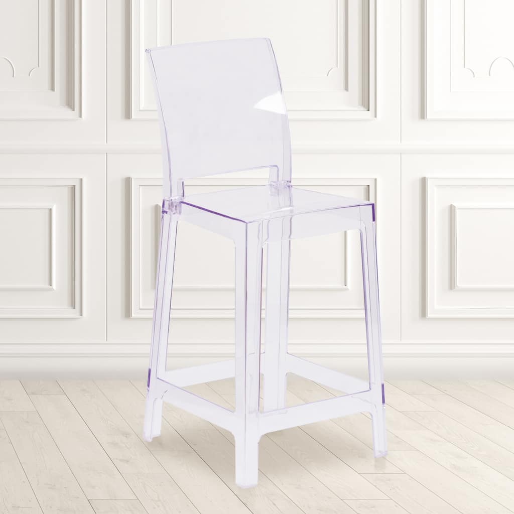 Ghost Counter Stool with Square Back in Transparent Crystal - Wedding Chairs - 16.5"W x 19.5"D x 40"H