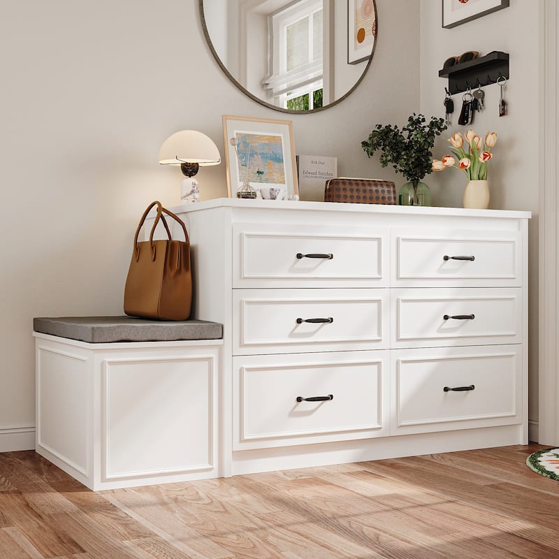 White Dresser with Seat and Storage 6 Drawer Closet Island Cabinet Bedroom Organization Bench