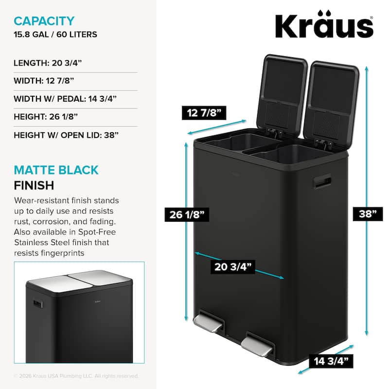 KRAUS WasteGuard 15.8 G 60 L Dual Compartment Pedal Kitchen Trash Can