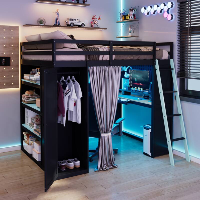 All-in-One Loft Bed Full Size Bedframe with Wardrobe, Shelves, Blackout Curtains, Pegboard, Charging Station and RGB Light Strip - Blue - Full