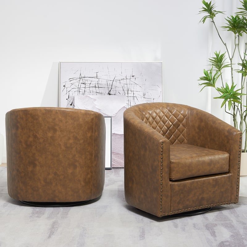 KINWELL 29" Wide Tufted PU Leather Swivel Barrel Chair (Set of 2)