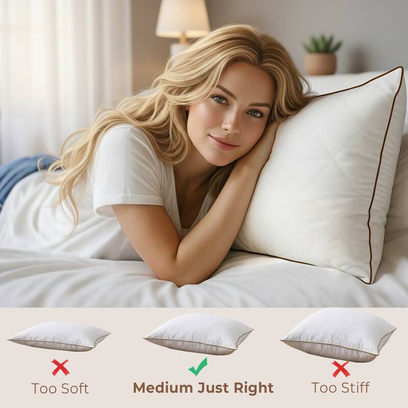 Set of 2 Goose Feather Medium-Firm Bed Pillows for Side & Back Sleepers with Quilted Cover - White