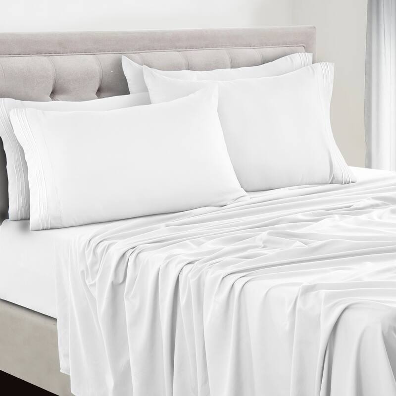 6 Piece Bed Sheet Set Deep Pocket Ultra Soft Microfiber Bedding Sheets - Full - White