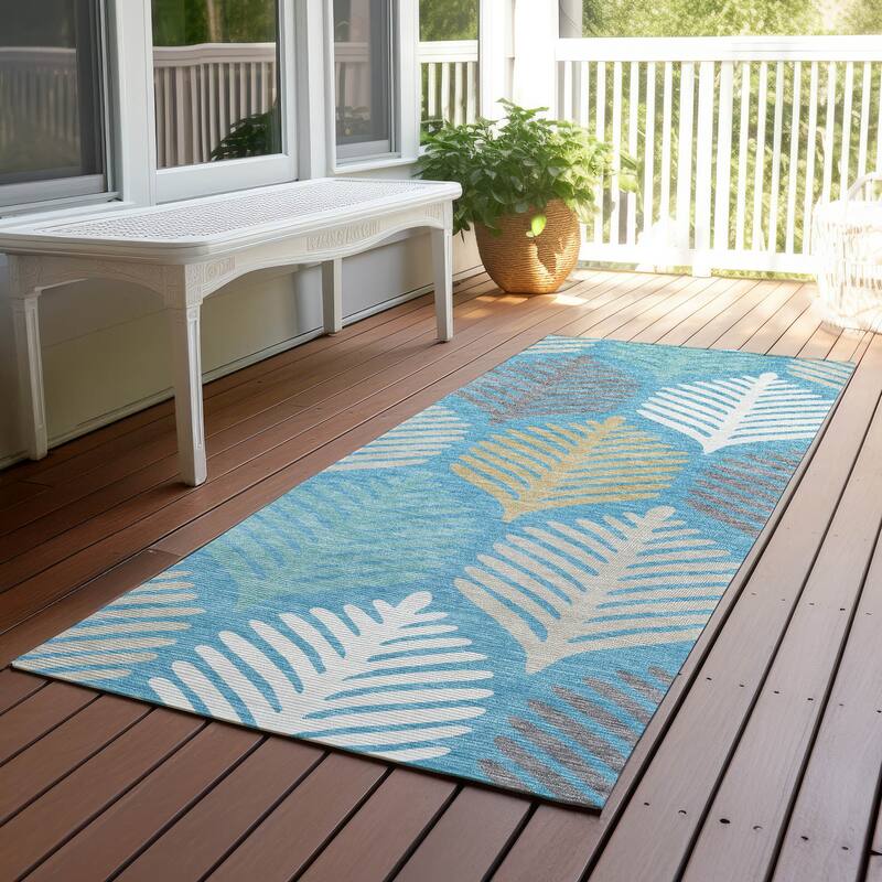 Machine Washable Indoor/ Outdoor Modern Fern Chantille Rug - Teal - 2'3" x 7'6"