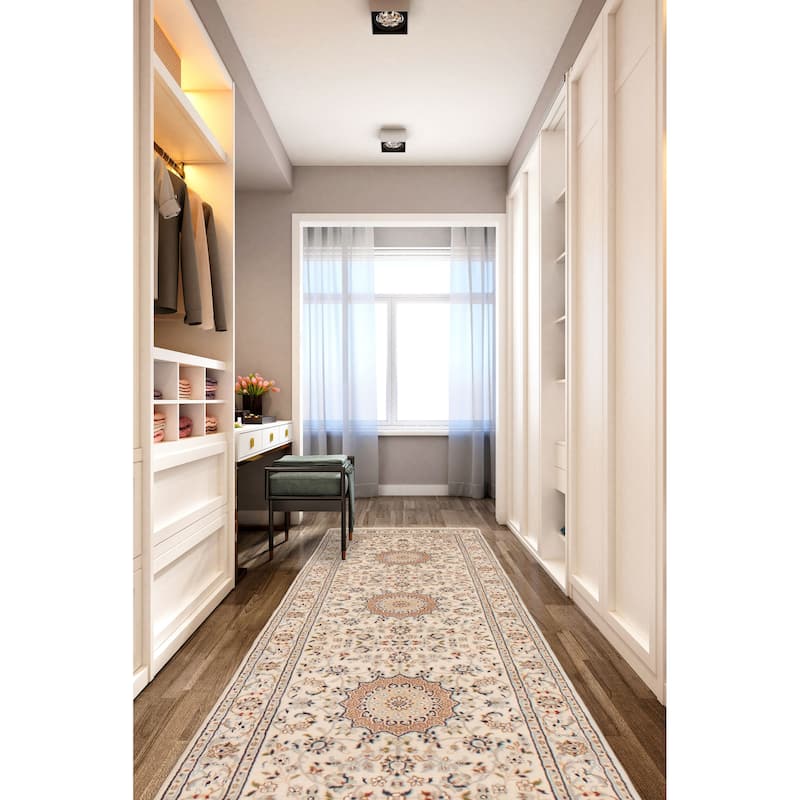 ECARPETGALLERY Hand-knotted Nain Cream Silk, Wool Rug - 2'8 x 12'2