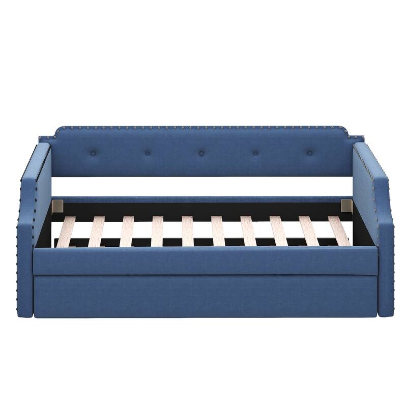 Blue Twin Upholstered Daybed with Trundle, Wood Slat Support, Sofa Bed
