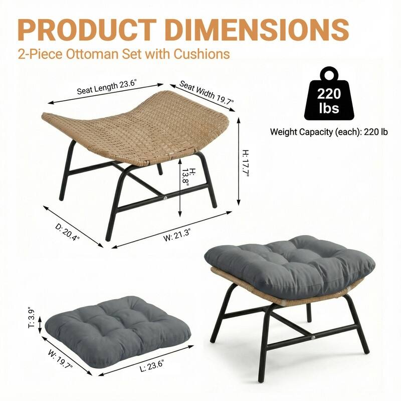 2-Piece Outdoor Wicker Ottomans with Cushions, Weather-Resistant Boho Patio Rattan Footrests for Garden, Porch, and Balcony
