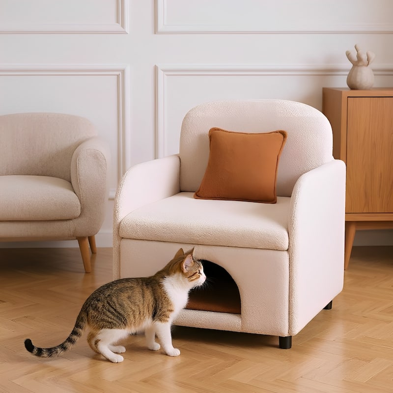 Furniture Style 2 in 1 Pet Friendly Fluffy Fabric Sherpa Upholstered Leisure Armchair with Lumbar Pillow - Cream White