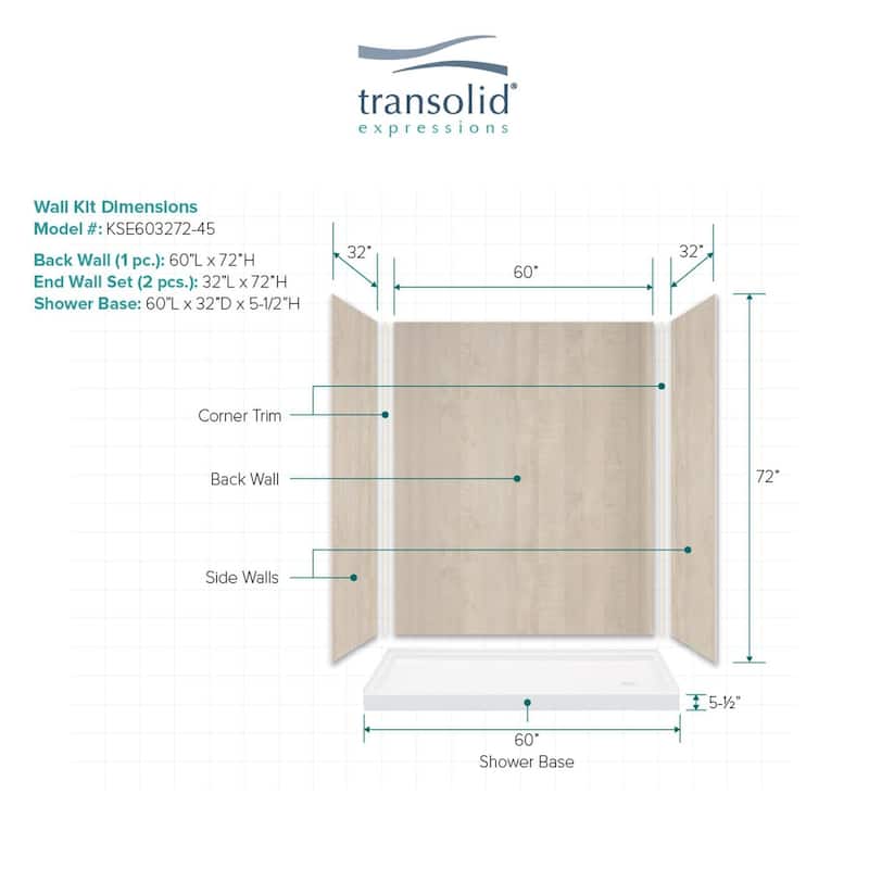Transolid Expressions 60-in X 32-in X 72-in Glue to Wall Shower Kit - 32" x 60" x 72"