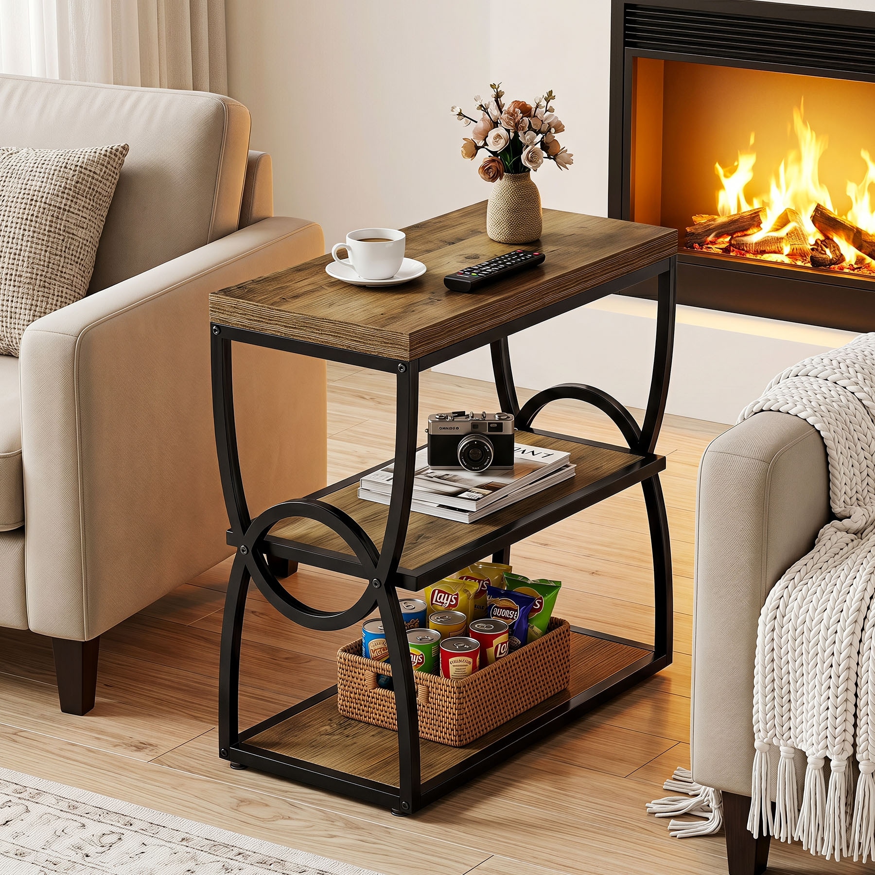 3-Tier Narrow Side Table, Rustic Brown Slim End Table with Open Storage Shelves and Curved Metal Frame