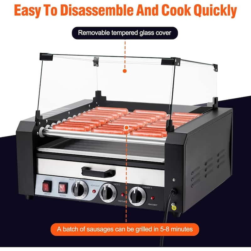 Hot Dog Roller with Warming Drawer, Stainless Steel Sausage Grill