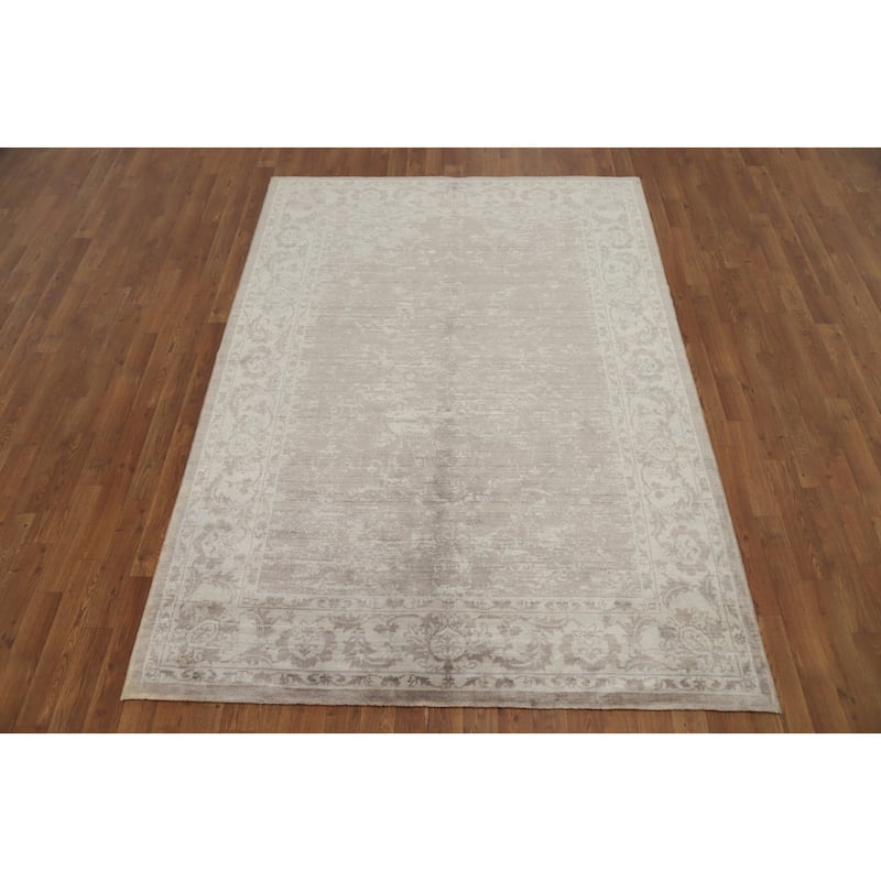 Hand Knotted Oriental Viscose Silk Carpet Modern Abstract Beige & Ivories Abstract Area Rug - 7' 4'' X 5' 3''