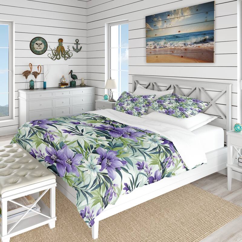 Designart "Green Purple Bamboo Serenade Tropical Pattern II" Floral Bedding Set With Shams