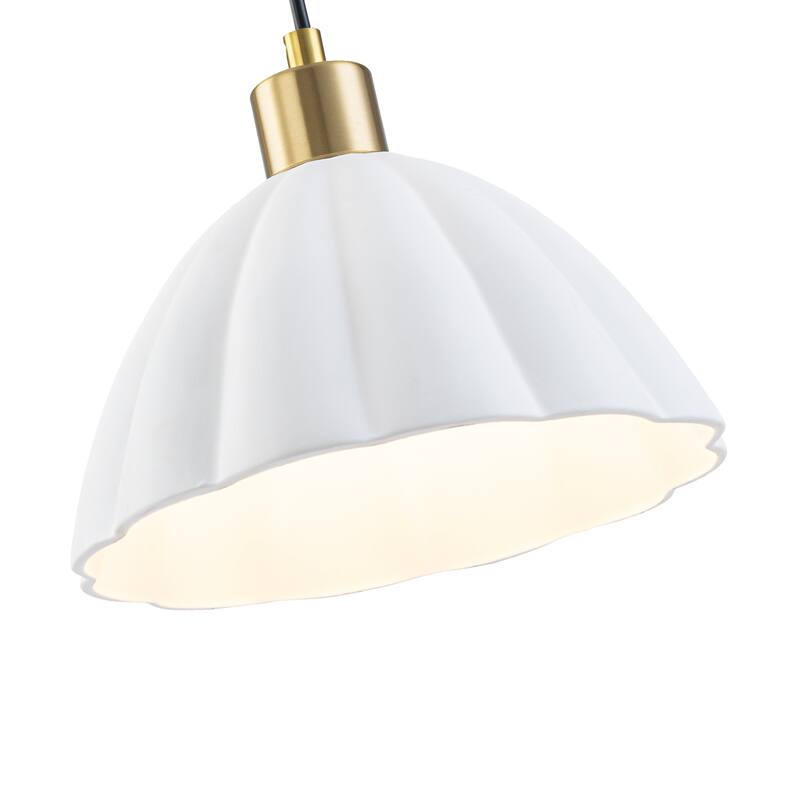 1-Light Pendant Light with Fluted White Ceramic Dome & Brass Accents - Dia.9.65-in