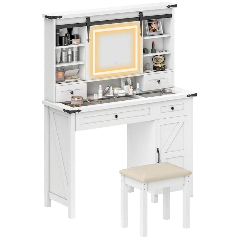 HOMCOM Vanity Desk with Mirror and Lights, 42" Glass Top Makeup Vanity Table Set with 3 Color Lighting, Shelves for Bedroom