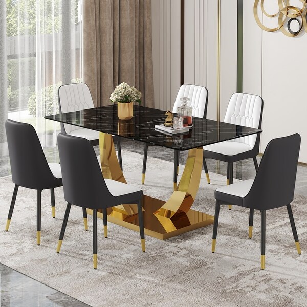 7 Piece Dining Table Set with Textured Glass Top and 6 PU Seat Chairs Bed Bath Beyond 41629310