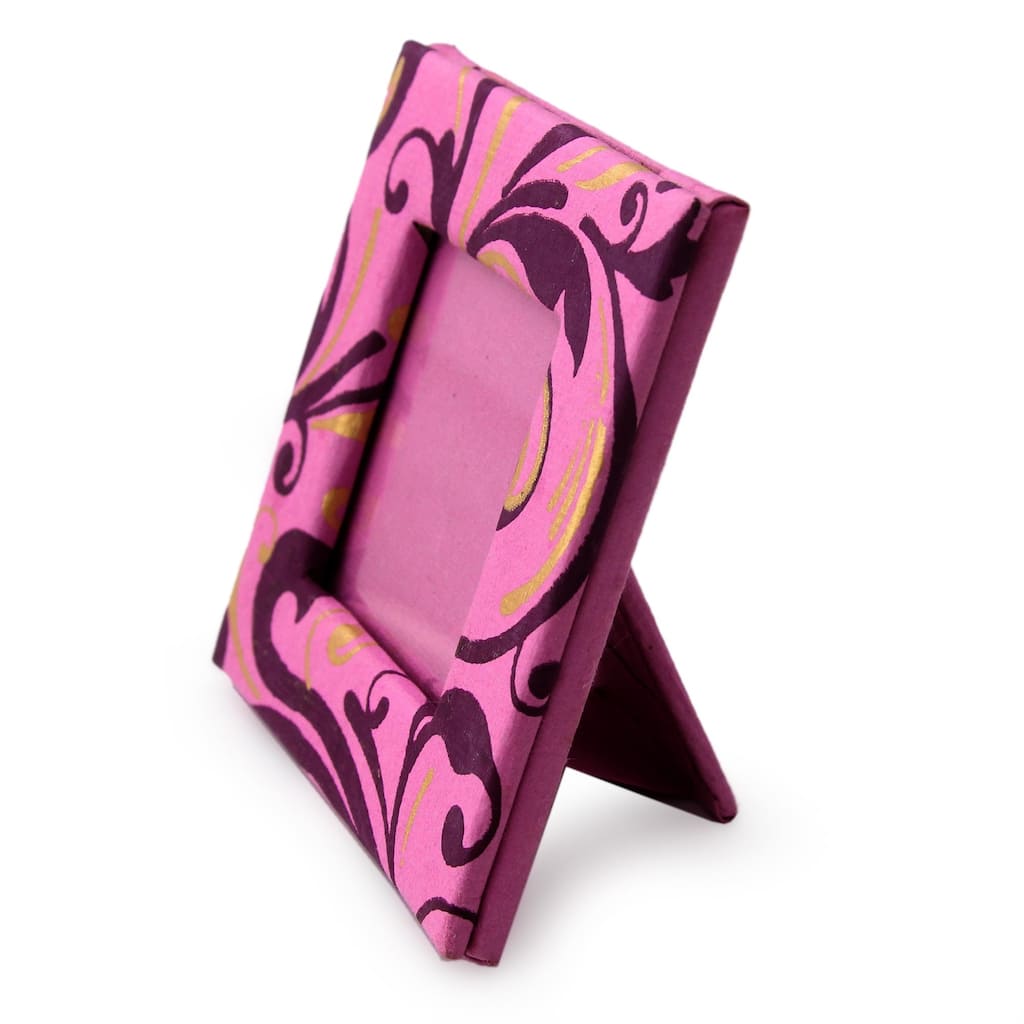 Novica Handmade Fuchsia Flourish Handmade Paper Photo Frame (2X2 In)
