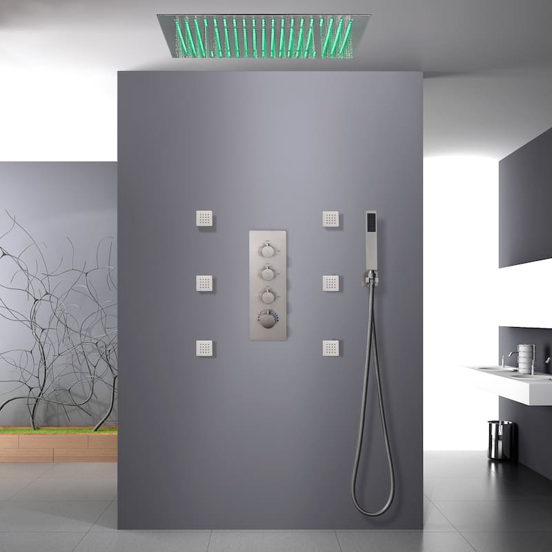 brushed nickel 20 inch 64 LED color light rain head 3 way thermostatic shower - 7'6" x 10'9"