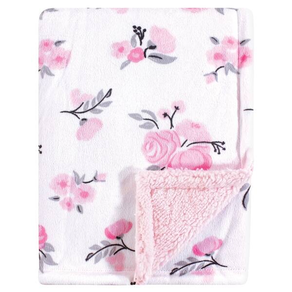 slide 1 of 1, Hudson Baby Infant Girl Plush Blanket with Faux Shearling Back, Pink Floral, One Size - Pink Floral - One Size One Size - Pink Floral