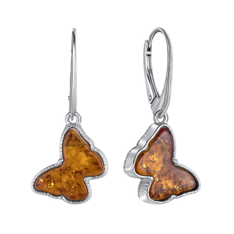 Baltic Amber Butterfly Earrings Leverback in Sterling Silver