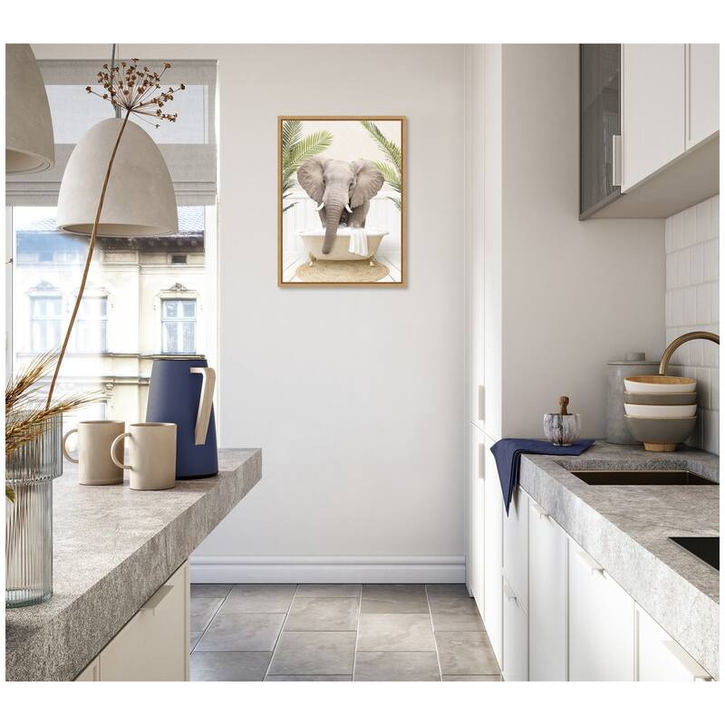 Kate and Laurel Sylvie Elephant Front Palm Bathtub Framed Canvas by Amy Peterson