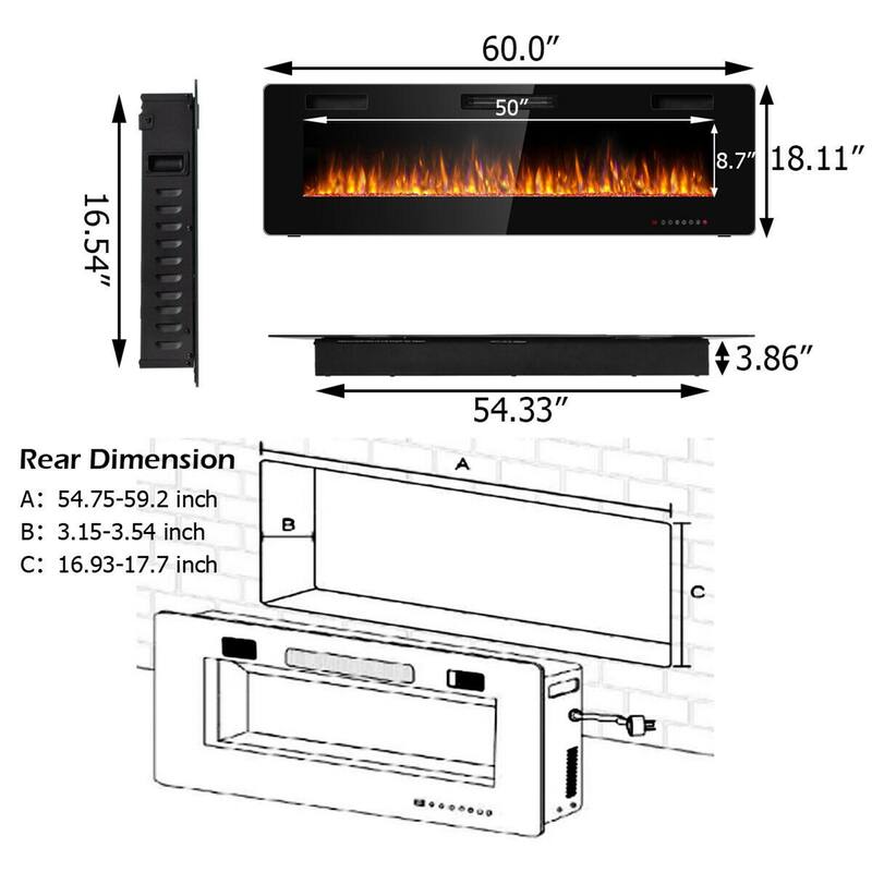 Gymax 60'' Fireplace Electric Recessed Wall Mounted Heater w/ Remote