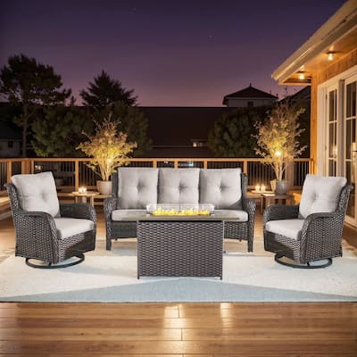 Gymojoy 4-Piece Outdoor Furniture Set, 2 Swivel Glider Chairs, 3-Seat Sofa & 55K BTU Fire Pit Table