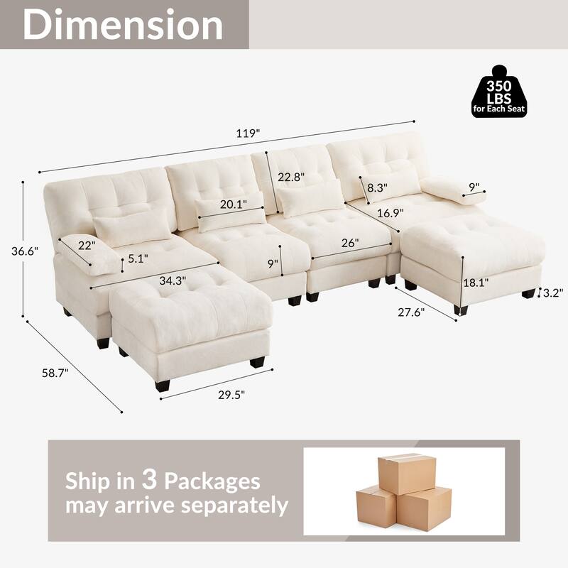 119" 4-Seater Chenille Sofa with 2 Ottomans, 4-Position Adjustable Backrest, 4 Pillows and Easy Assembly for Living Room
