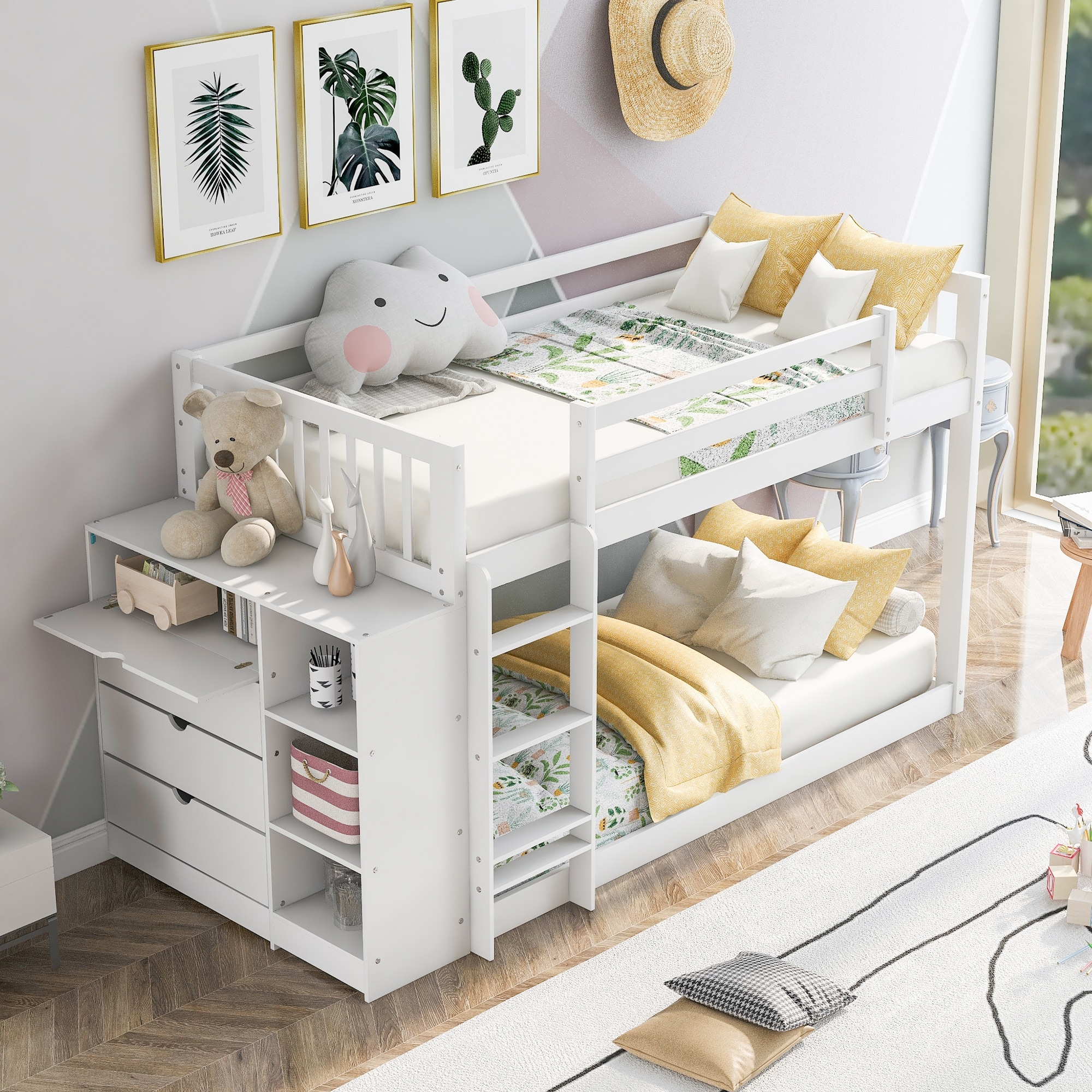 Twin over Twin Bunk Bed Wood Platform Bed with Attached Four