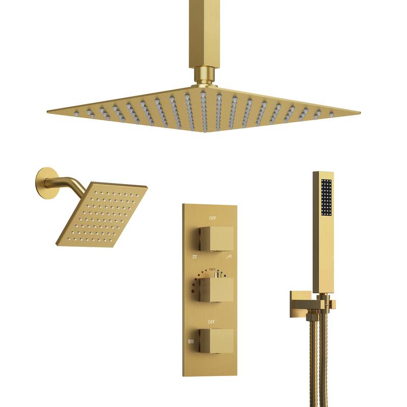 12" and 6" Dual Shower Heads With Themostatic Rough in-Valve - Brushed Gold