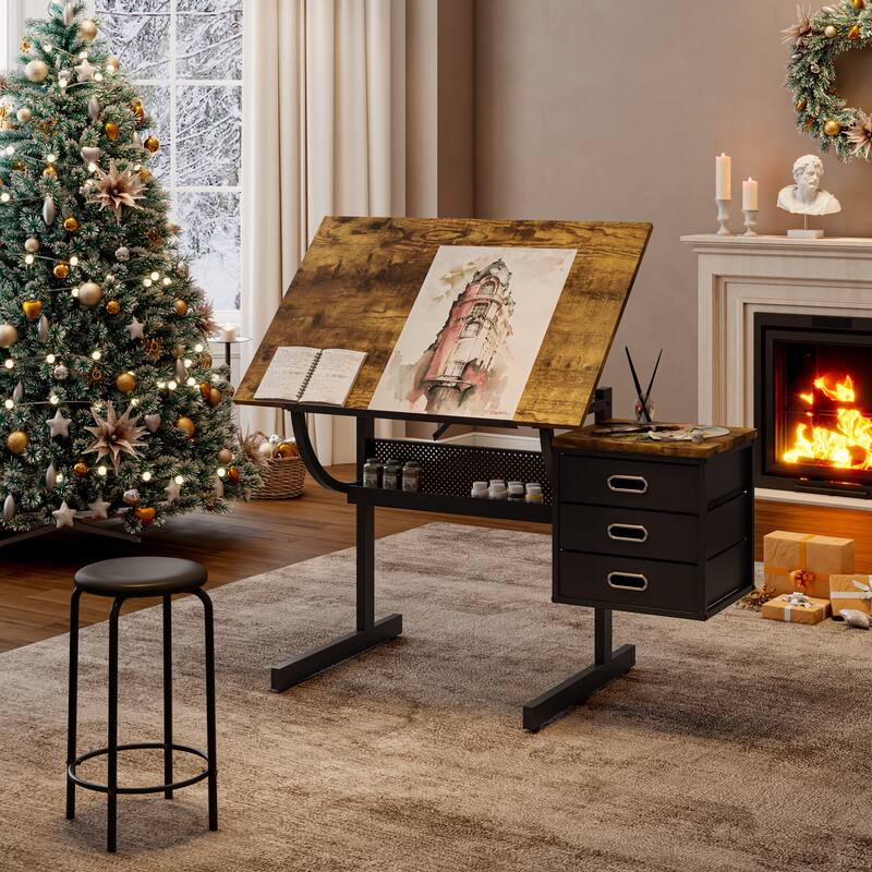 Black drafting drawing table with stool and 3 drawers - Black