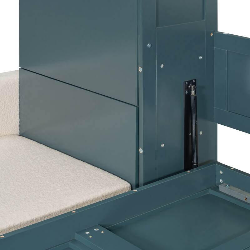 Queen Size Wall Bed with Sofa and Shelves, Green Panel, Beige Sofa