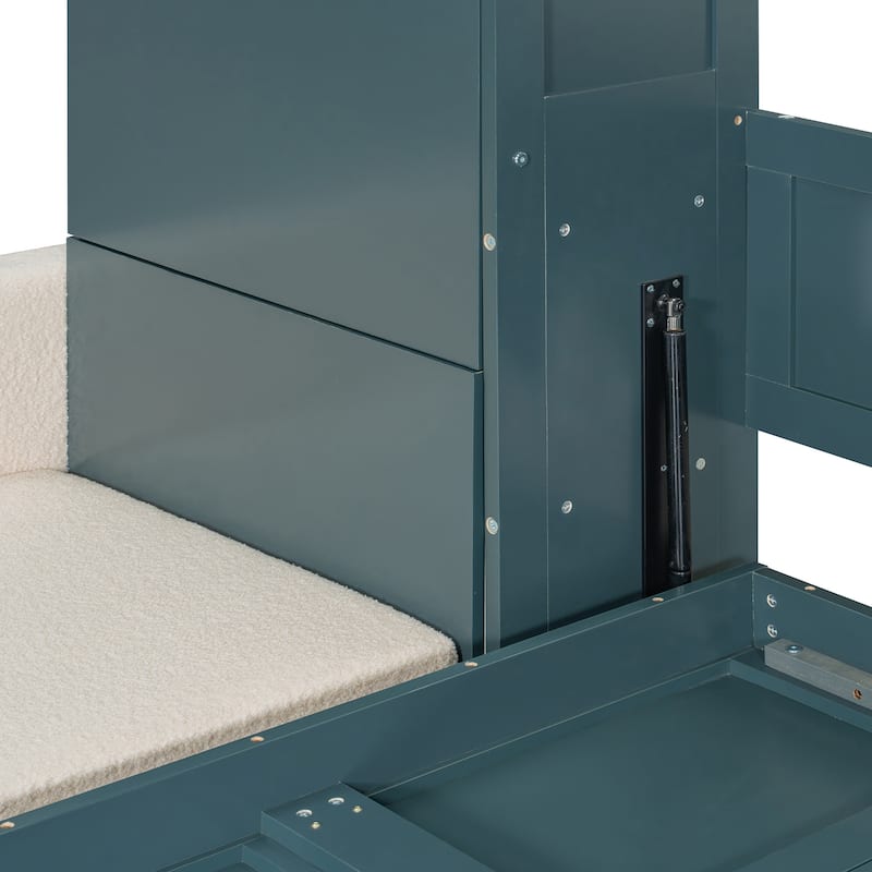 Versatile Queen Size Murphy Bed Wooden Folding Bed Frame integrated with L-shaped Chaise Sectional Sofa and Storage Cabinets