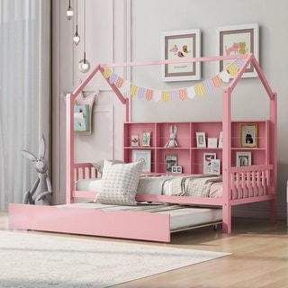 Pink Solid Wood House Kids Bed Frame with Trundle and Shelf