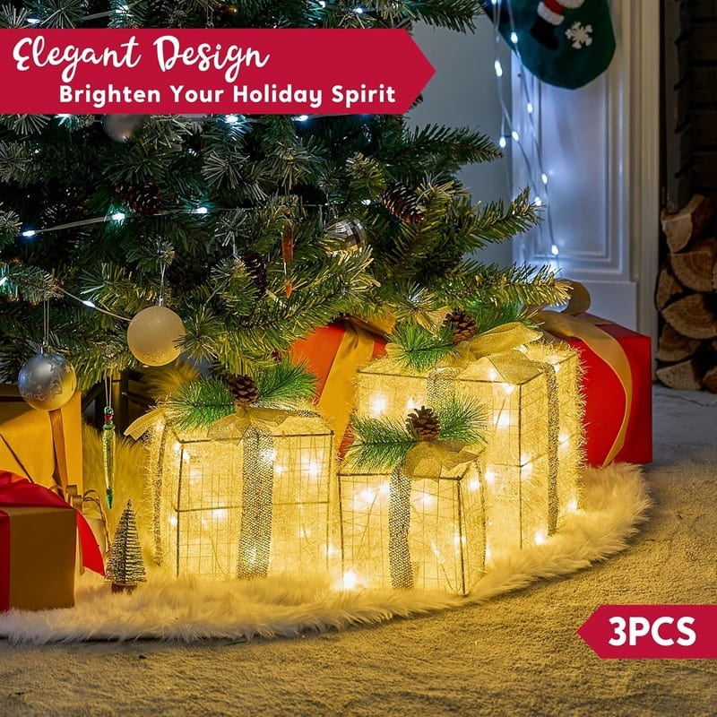 Christmas Lighted Gift Boxes - Set of 3 Iridescent Present Boxes for Indoor Holiday Décor