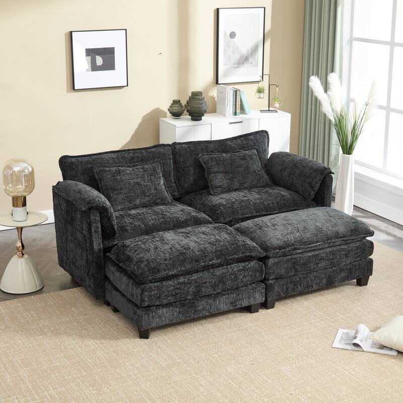 Chenille Sleeper Sofa Bed Deep Seat Loveseat Sectional Couch with Ottomans Chaise Lounge, Detachable Armrests and Side Pockets - Black