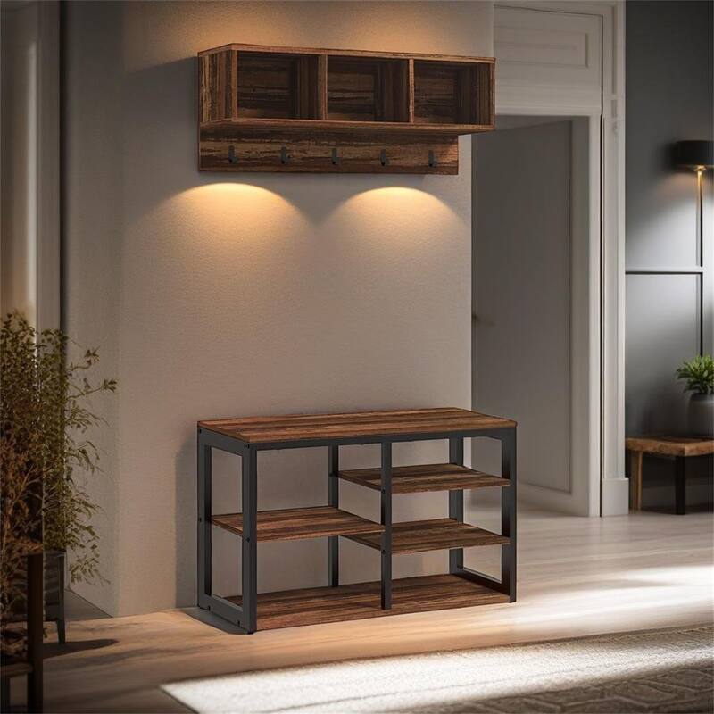 2-in-1 Coat Rack Shoe Bench Set - Brown