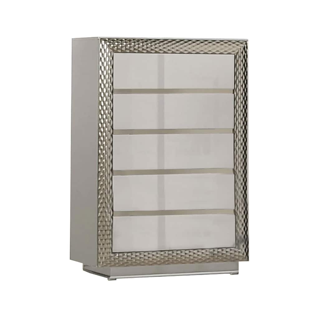 Vino 5 Drawer Tall Dresser Chest, Plinth Base Gray Wood with Silver Trim