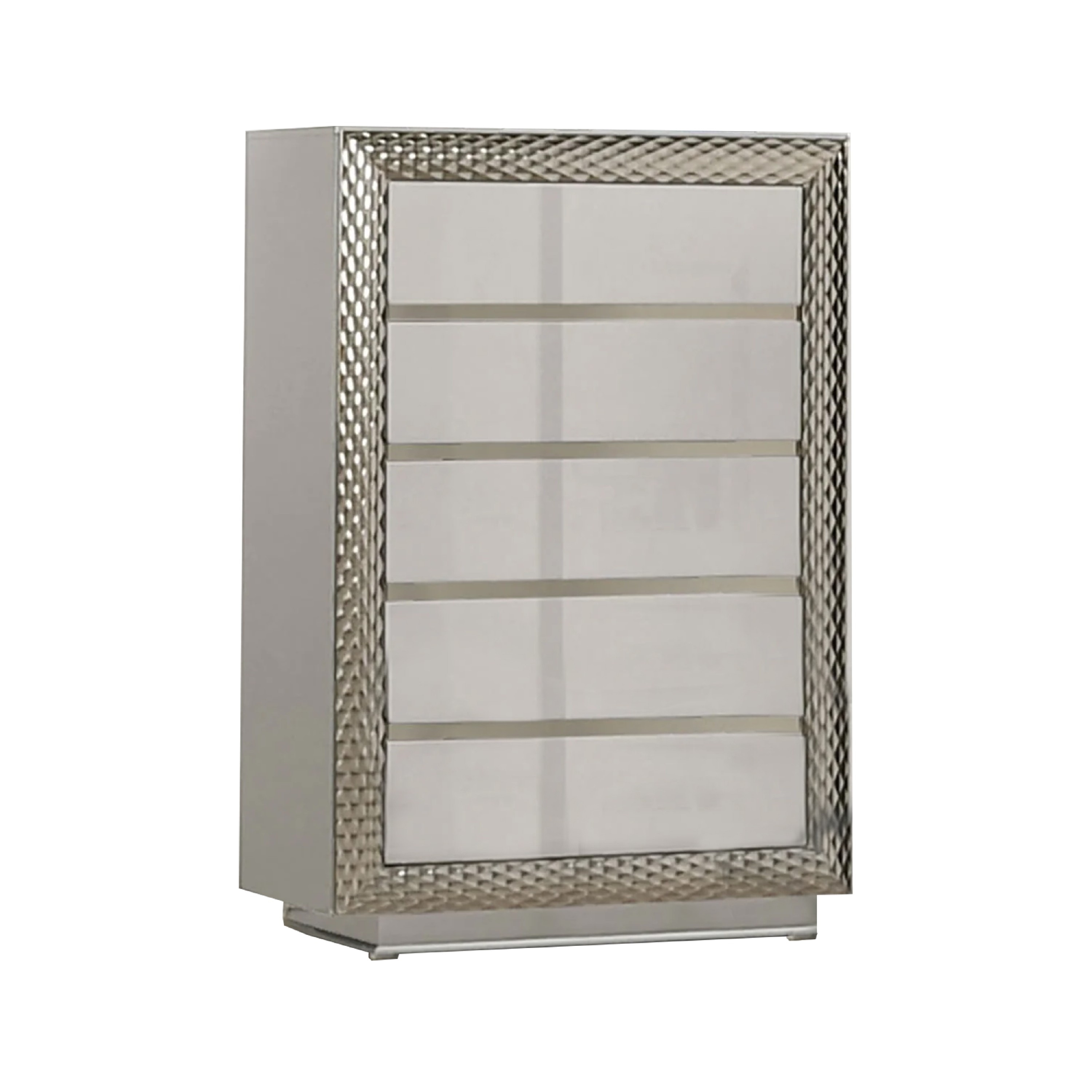 Vino 5 Drawer Tall Dresser Chest, Plinth Base Gray Wood with Silver Trim