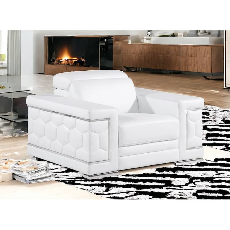 HomeRoots 47" White and Silver Genuine Leather Lounge Chair - 47' X '39' X '41 - 47' X '39' X '41