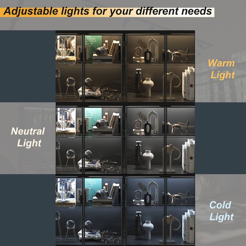 Display Storage Cabinet with Glass Shelves & Lighting Booshelf - 55.1"